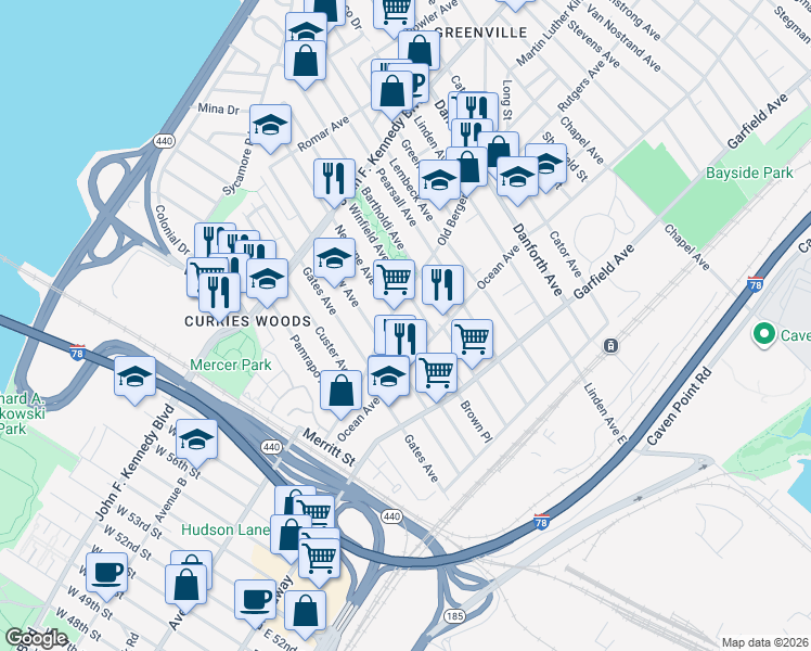 map of restaurants, bars, coffee shops, grocery stores, and more near 124 Old Bergen Road in Jersey City