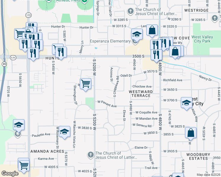 map of restaurants, bars, coffee shops, grocery stores, and more near 5080 Acoma Street in West Valley City