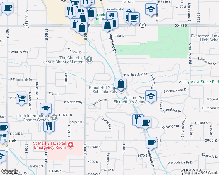 map of restaurants, bars, coffee shops, grocery stores, and more near 1412 East Millstream Lane in Millcreek