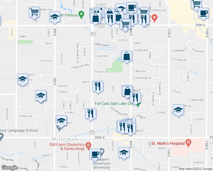 map of restaurants, bars, coffee shops, grocery stores, and more near 788 East Empire Circle in Millcreek