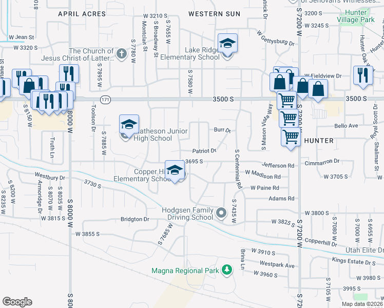 map of restaurants, bars, coffee shops, grocery stores, and more near 7590 Patriot Drive in Magna