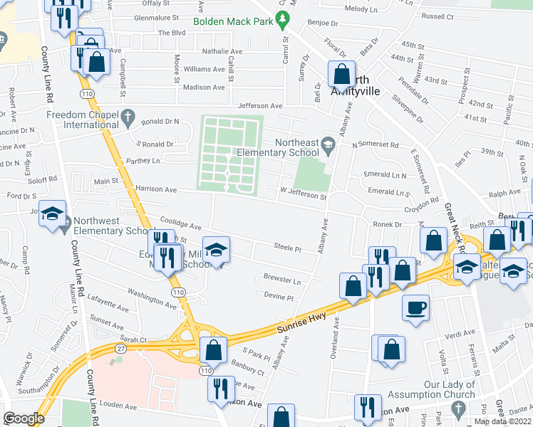map of restaurants, bars, coffee shops, grocery stores, and more near 88 Harrison Avenue in Amityville