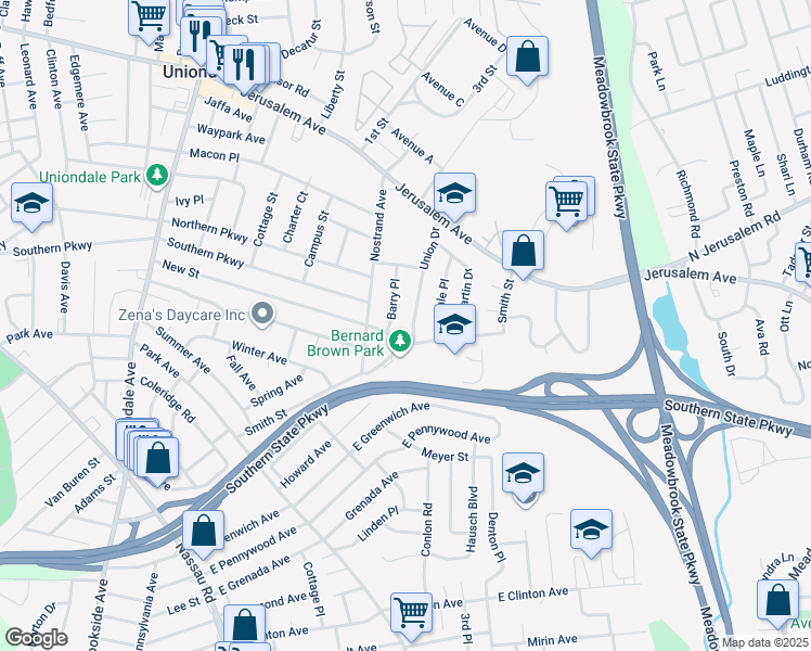 map of restaurants, bars, coffee shops, grocery stores, and more near 769 Barry Place in Uniondale