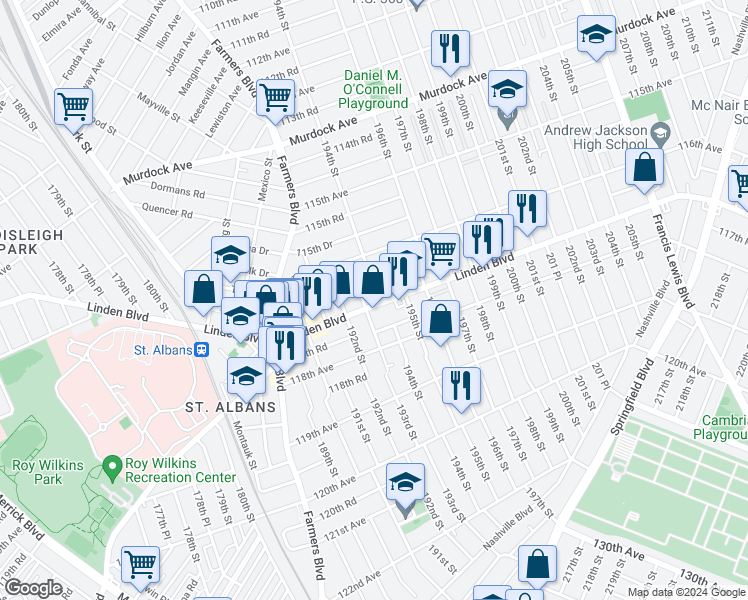 map of restaurants, bars, coffee shops, grocery stores, and more near 11637 194th Street in Queens
