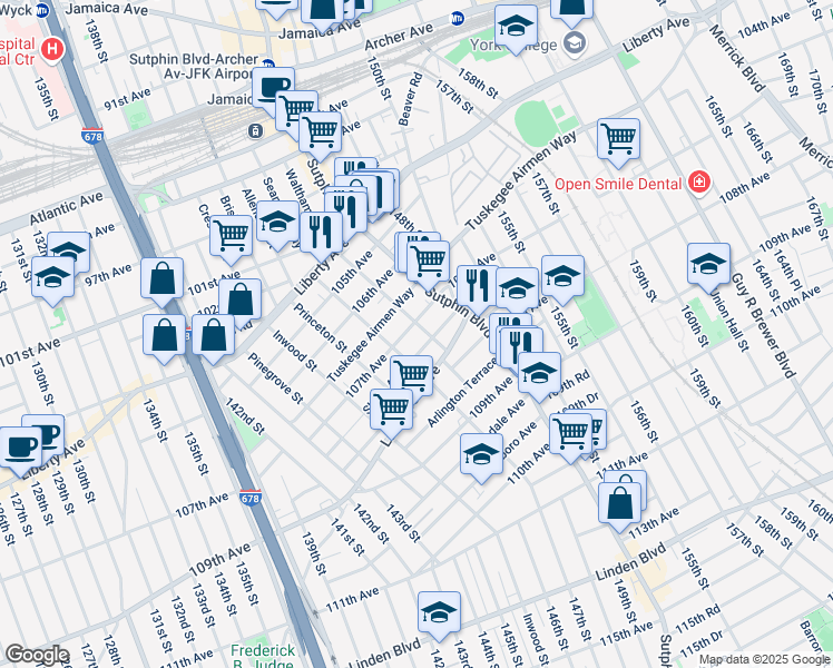 map of restaurants, bars, coffee shops, grocery stores, and more near 146-54 107th Avenue in Queens
