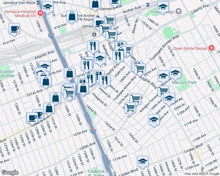 map of restaurants, bars, coffee shops, grocery stores, and more near 145-40 105th Avenue in Queens