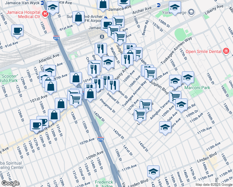 map of restaurants, bars, coffee shops, grocery stores, and more near 145-40 105th Avenue in Queens
