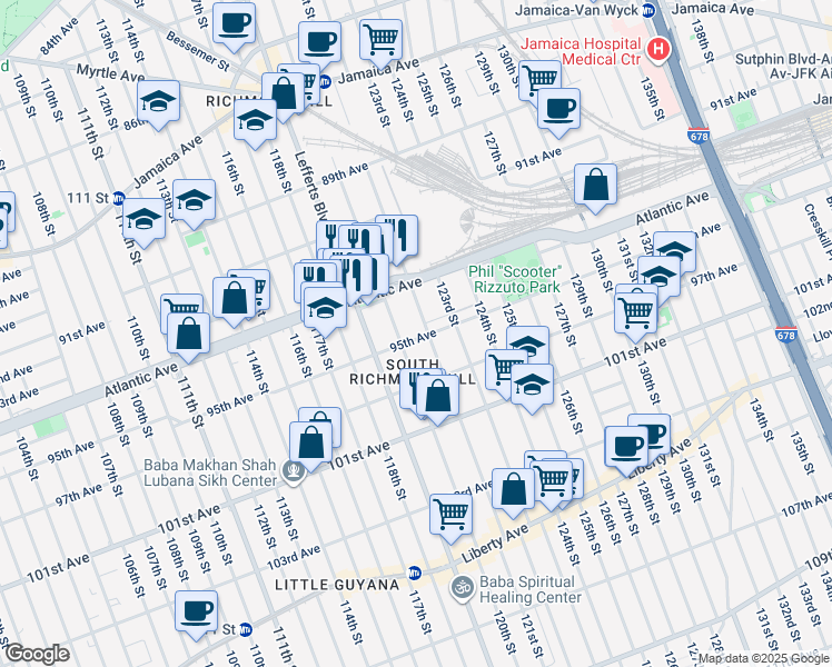 map of restaurants, bars, coffee shops, grocery stores, and more near 94-40 121st Street in Queens
