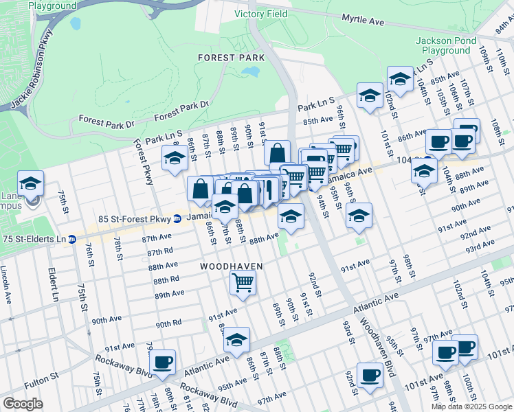 map of restaurants, bars, coffee shops, grocery stores, and more near 86-31 89th Street in Queens