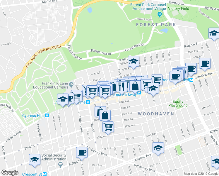 map of restaurants, bars, coffee shops, grocery stores, and more near 86-04 80th Street in Queens