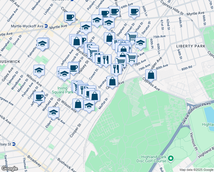 map of restaurants, bars, coffee shops, grocery stores, and more near 53-25 Cooper Avenue in Queens