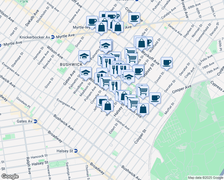map of restaurants, bars, coffee shops, grocery stores, and more near 1336 Jefferson Avenue in Brooklyn