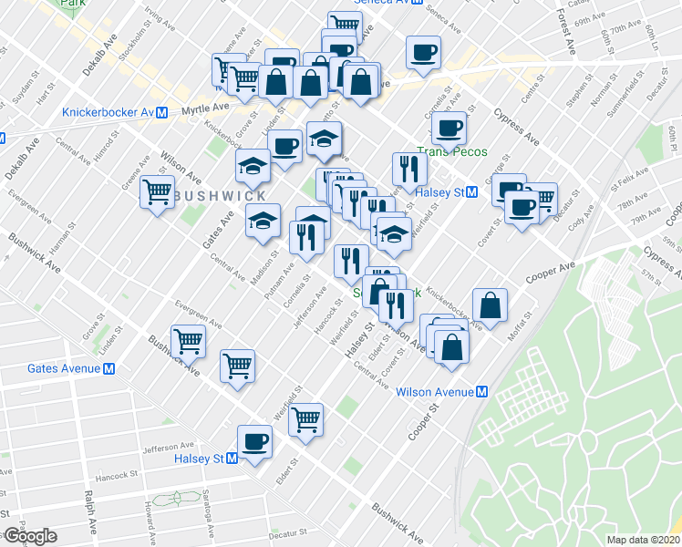 map of restaurants, bars, coffee shops, grocery stores, and more near 1336 Jefferson Avenue in Brooklyn