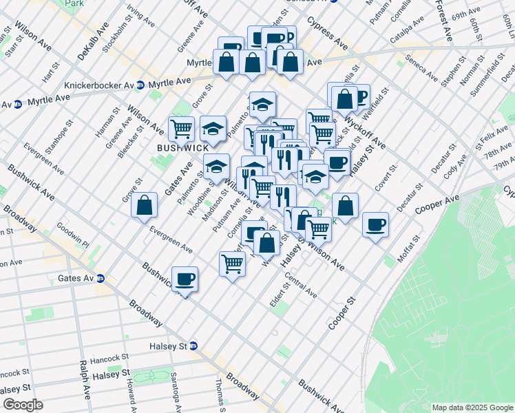 map of restaurants, bars, coffee shops, grocery stores, and more near 1328 Putnam Avenue in Brooklyn