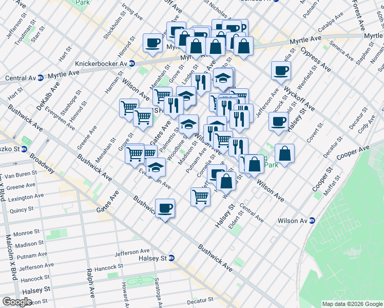 map of restaurants, bars, coffee shops, grocery stores, and more near 1315 Putnam Avenue in Brooklyn