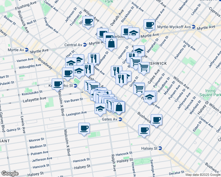 map of restaurants, bars, coffee shops, grocery stores, and more near 31 Bleecker Street in Brooklyn