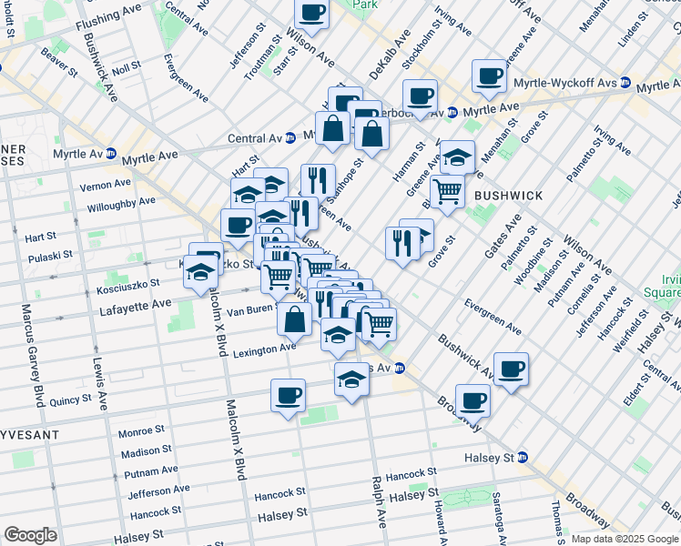 map of restaurants, bars, coffee shops, grocery stores, and more near 1099 Greene Avenue in Brooklyn