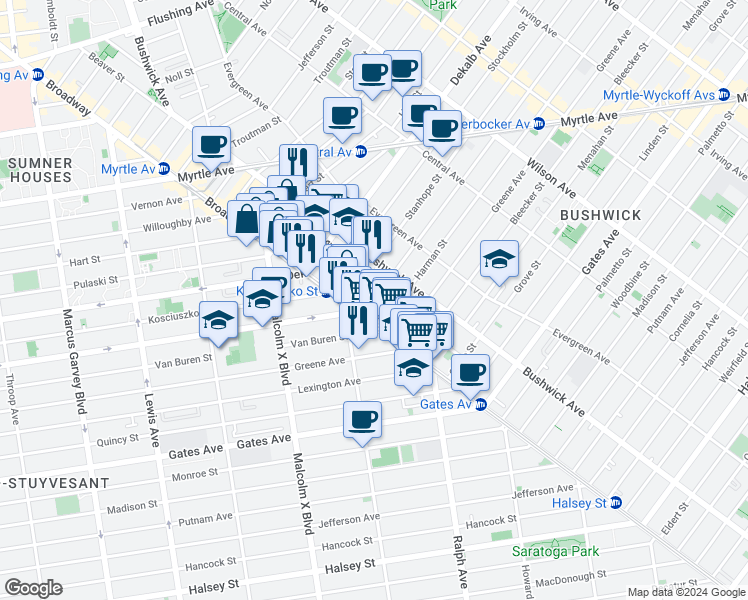 map of restaurants, bars, coffee shops, grocery stores, and more near 21 Kossuth Place in Brooklyn