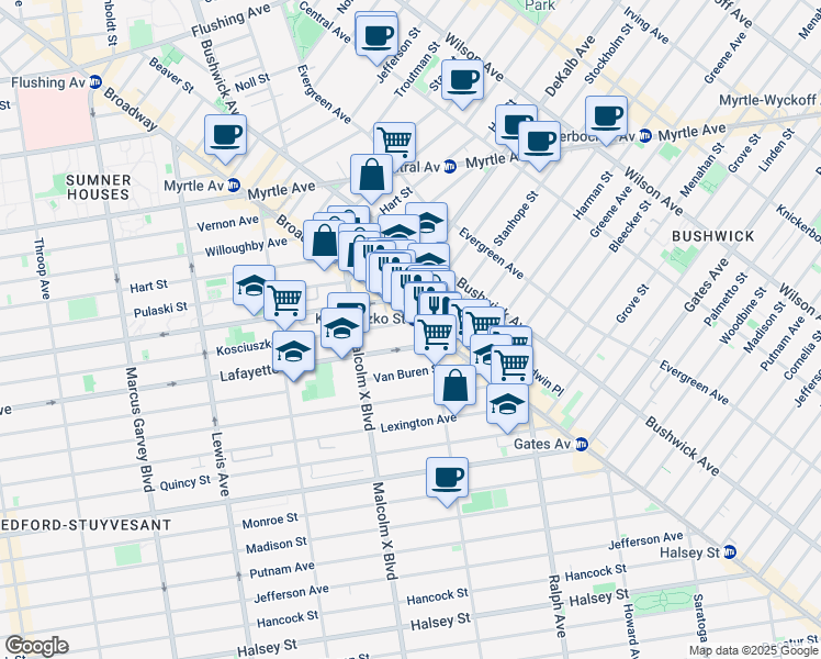 map of restaurants, bars, coffee shops, grocery stores, and more near 1132 Broadway in Brooklyn