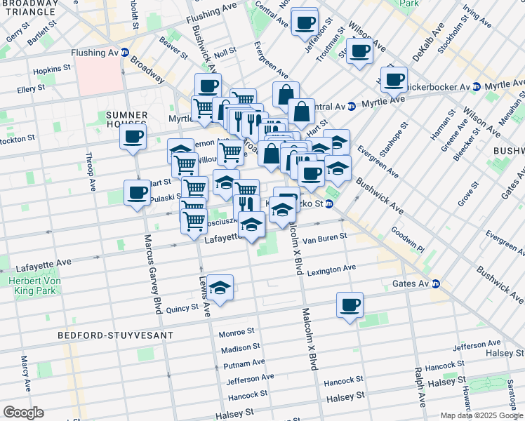 map of restaurants, bars, coffee shops, grocery stores, and more near 1035A Dekalb Avenue in Brooklyn