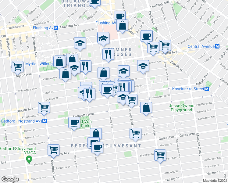 map of restaurants, bars, coffee shops, grocery stores, and more near 219 Pulaski Street in Brooklyn