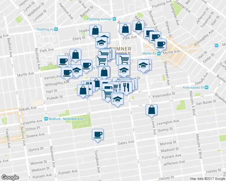 map of restaurants, bars, coffee shops, grocery stores, and more near 219 Pulaski Street in Brooklyn