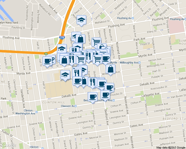 map of restaurants, bars, coffee shops, grocery stores, and more near 179 Franklin Avenue in Brooklyn