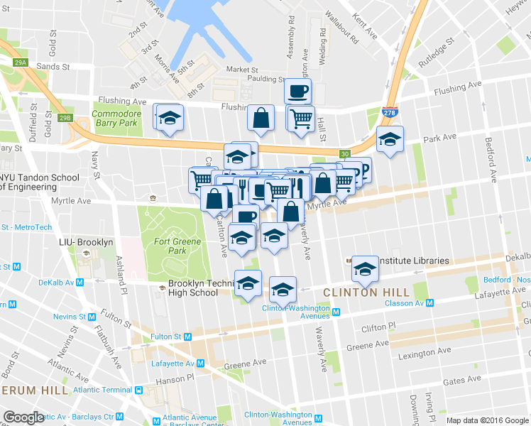 map of restaurants, bars, coffee shops, grocery stores, and more near 132 Clinton Avenue in Brooklyn