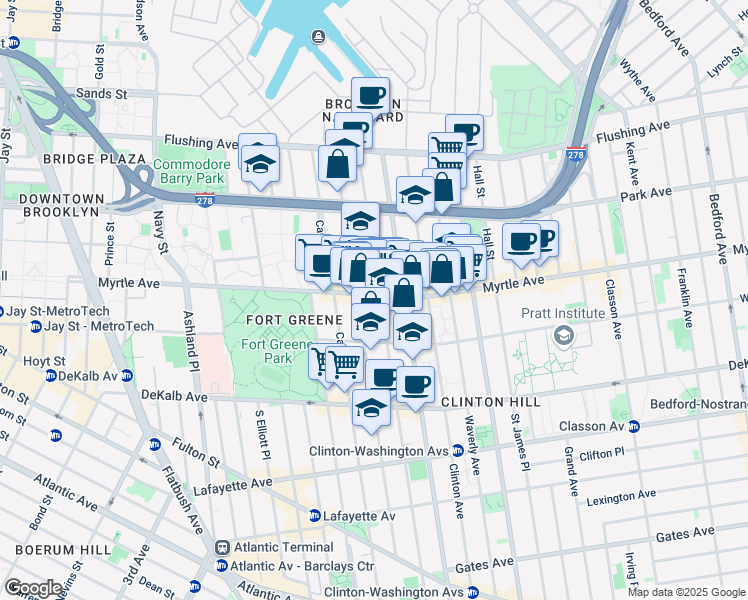 map of restaurants, bars, coffee shops, grocery stores, and more near 158 Clermont Avenue in Brooklyn