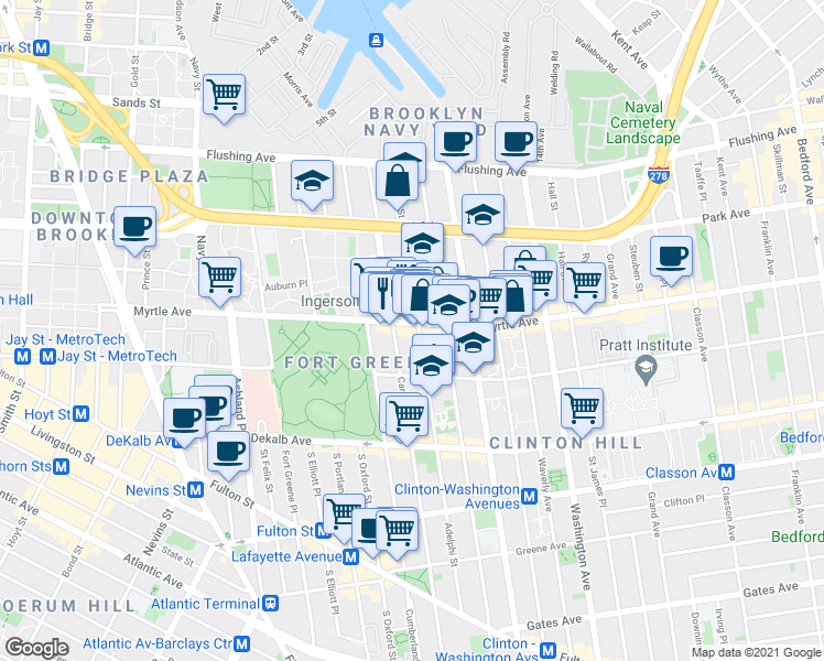 map of restaurants, bars, coffee shops, grocery stores, and more near in Brooklyn