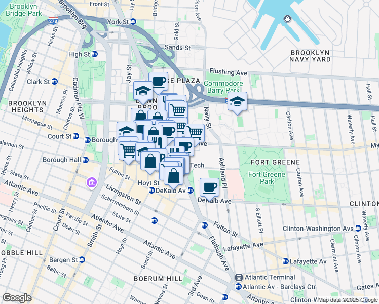 map of restaurants, bars, coffee shops, grocery stores, and more near 166 Myrtle Avenue in Brooklyn