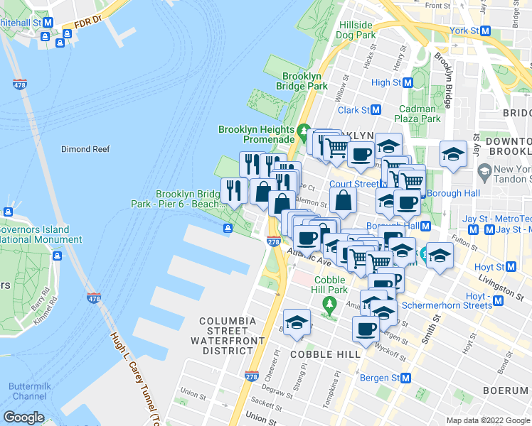 map of restaurants, bars, coffee shops, grocery stores, and more near 360 Furman Street in Brooklyn