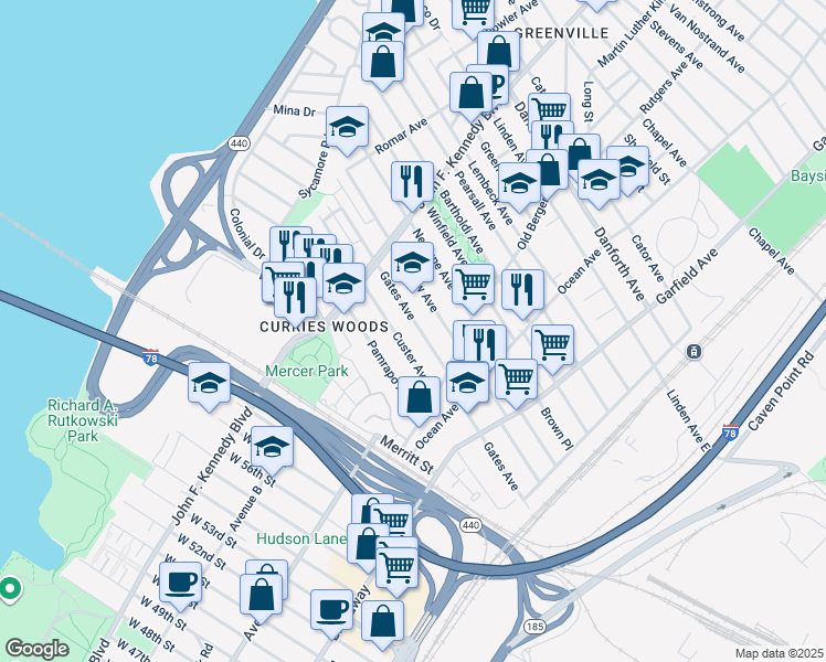 map of restaurants, bars, coffee shops, grocery stores, and more near 181 Gates Avenue in Jersey City