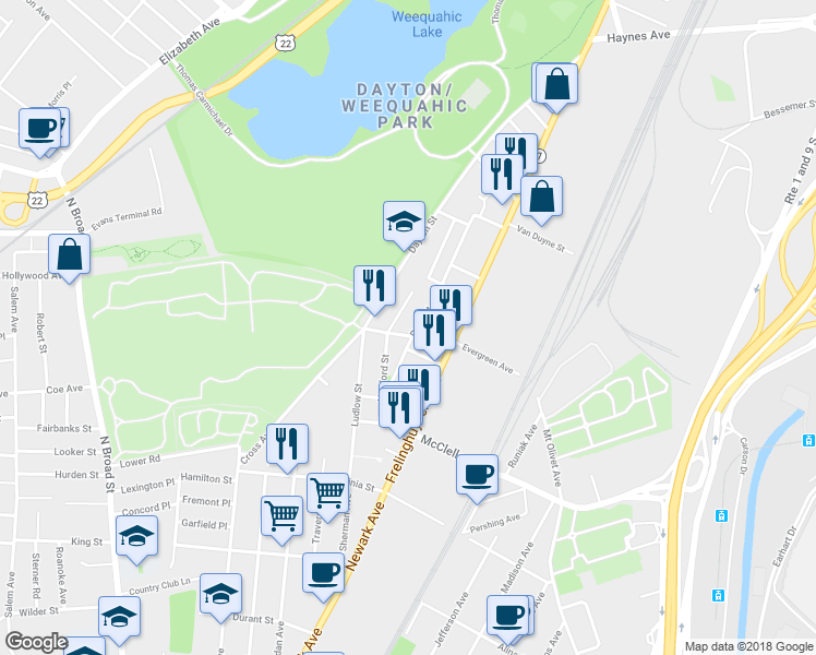 map of restaurants, bars, coffee shops, grocery stores, and more near 29 Hanford Street in Newark