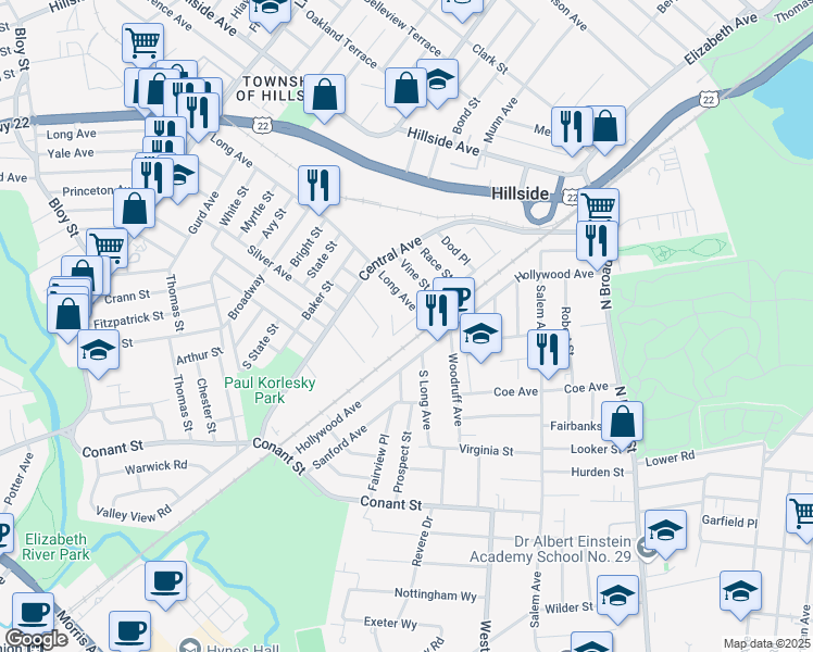 map of restaurants, bars, coffee shops, grocery stores, and more near 11 Park Street in Hillside