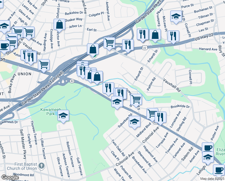 map of restaurants, bars, coffee shops, grocery stores, and more near 1124 Cranbrook Road in Union