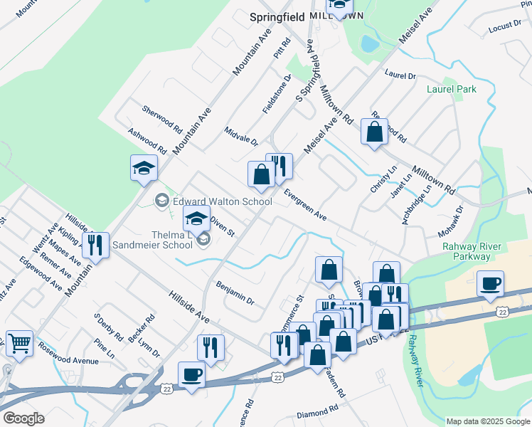 map of restaurants, bars, coffee shops, grocery stores, and more near 591 South Springfield Avenue in Springfield