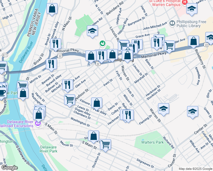 map of restaurants, bars, coffee shops, grocery stores, and more near in Phillipsburg