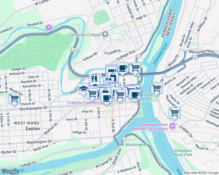 map of restaurants, bars, coffee shops, grocery stores, and more near 119 North Bank Street in Easton
