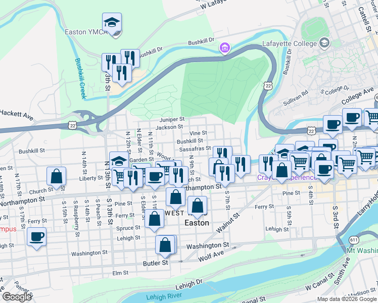map of restaurants, bars, coffee shops, grocery stores, and more near 912 Bushkill Street in Easton