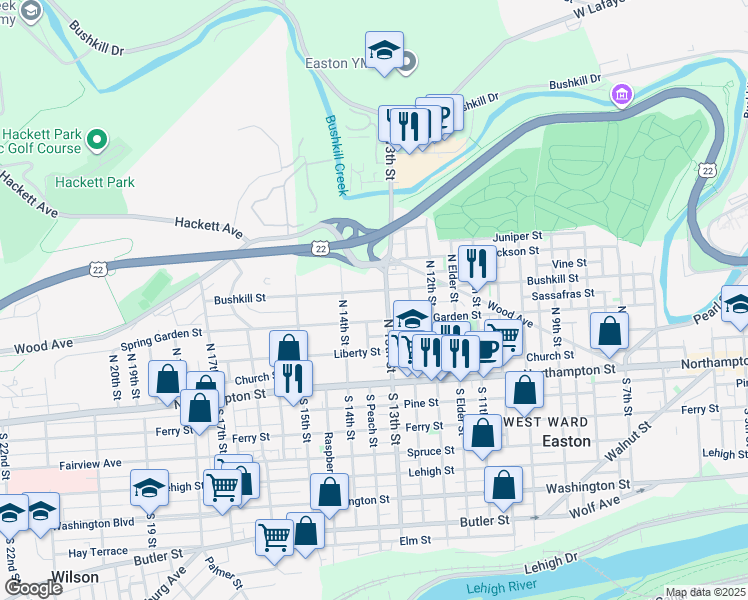 map of restaurants, bars, coffee shops, grocery stores, and more near 345 North 14th Street in Easton
