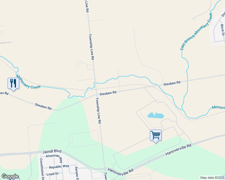 map of restaurants, bars, coffee shops, grocery stores, and more near 4938 Steuben Road in Nazareth