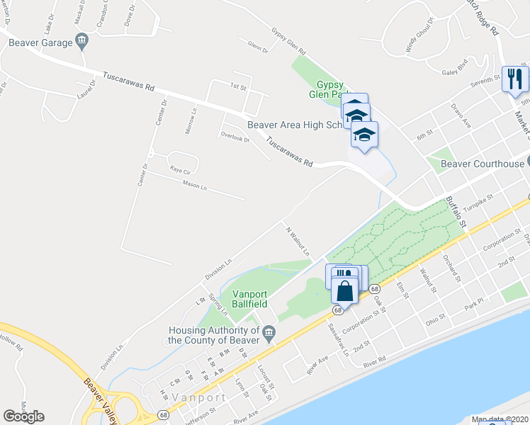 map of restaurants, bars, coffee shops, grocery stores, and more near 208 Division Lane in Beaver