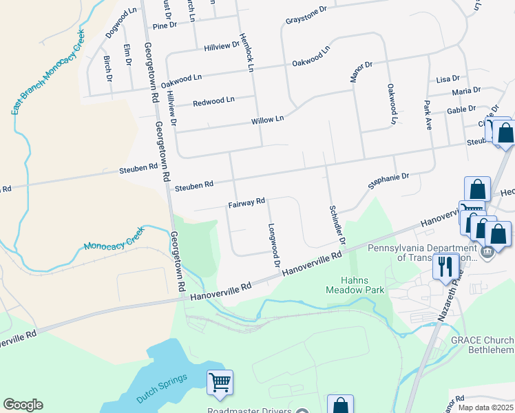 map of restaurants, bars, coffee shops, grocery stores, and more near 4625 Fairway Road in Bethlehem