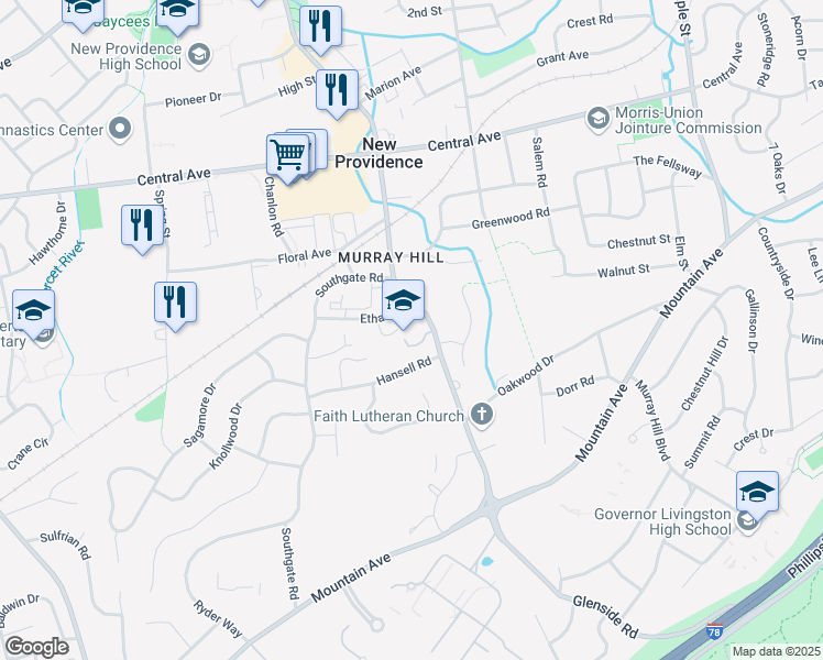 map of restaurants, bars, coffee shops, grocery stores, and more near 419 South Street in New Providence