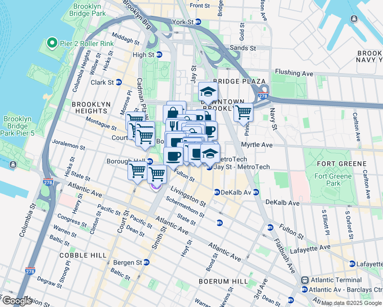 map of restaurants, bars, coffee shops, grocery stores, and more near 351 Jay Street in Brooklyn