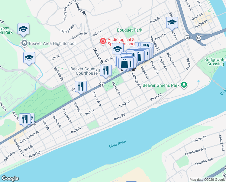 map of restaurants, bars, coffee shops, grocery stores, and more near 295 Market Street in Beaver