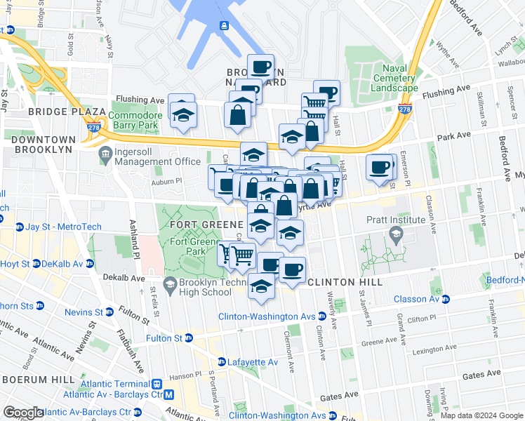 map of restaurants, bars, coffee shops, grocery stores, and more near 376 Myrtle Avenue in Brooklyn