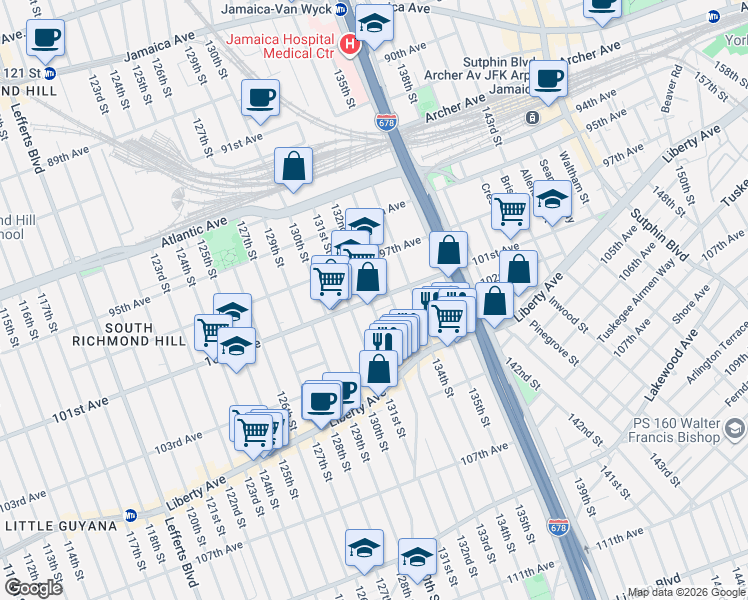 map of restaurants, bars, coffee shops, grocery stores, and more near 97-28 133rd Street in Queens