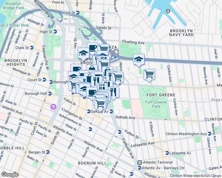 map of restaurants, bars, coffee shops, grocery stores, and more near 166 Myrtle Avenue in Brooklyn